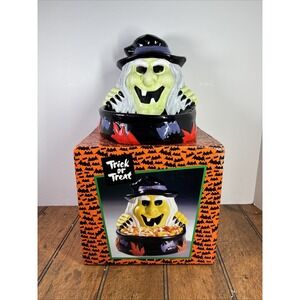 Vintage Halloween Trick O Treat Animated Laughing Witch Candy Dish Bowl VIDEO **